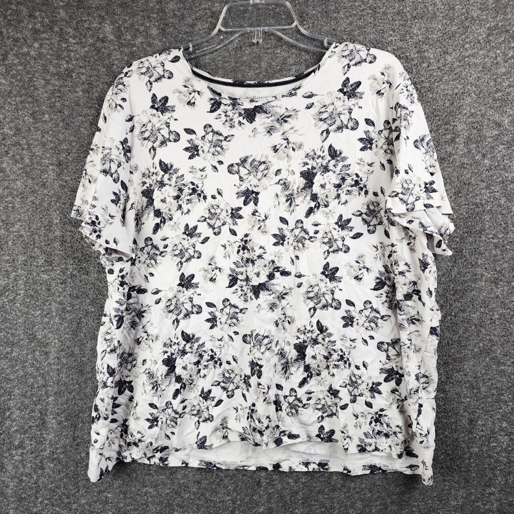 Croft & Barrow T Shirt Womens 3X White Black Floral Short Sleeve Cotton EUC